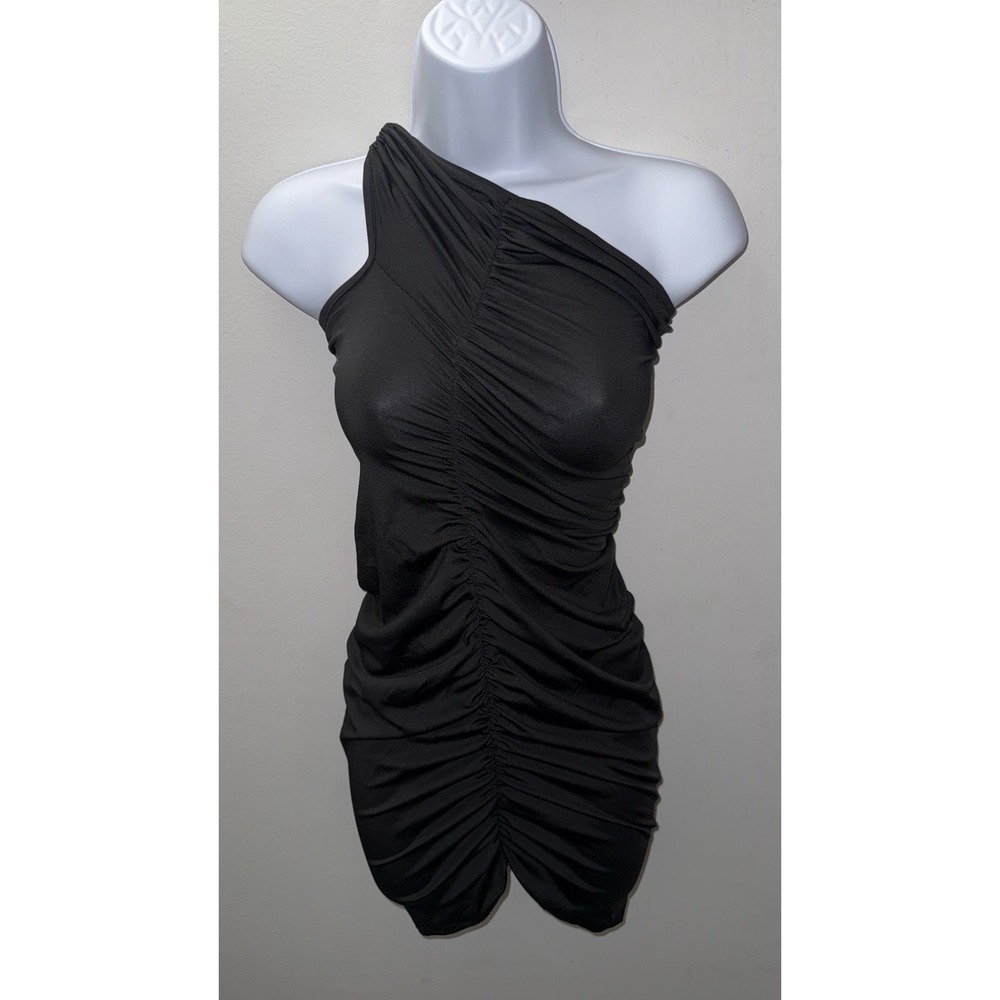 Black One Shoulder Ruched Bodycon Mini Dress Size Medium Sleeveless Clubwear